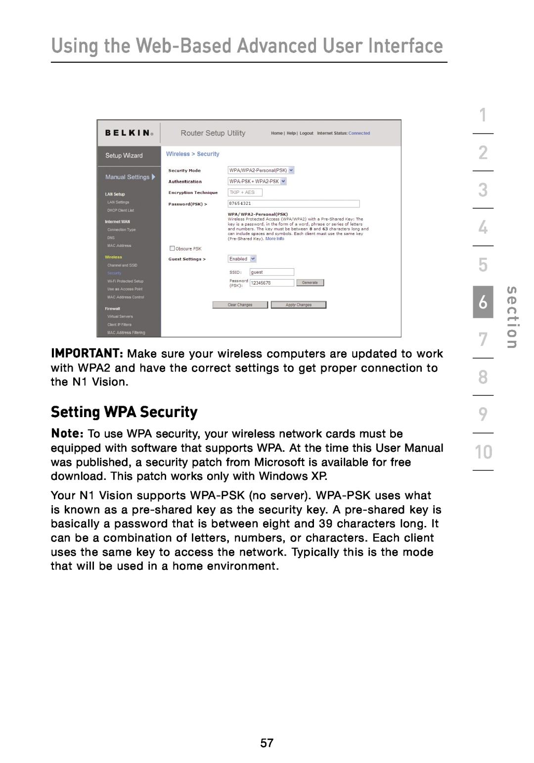 Belkin N1 user manual Setting WPA Security, Using the Web-Based Advanced User Interface, section 