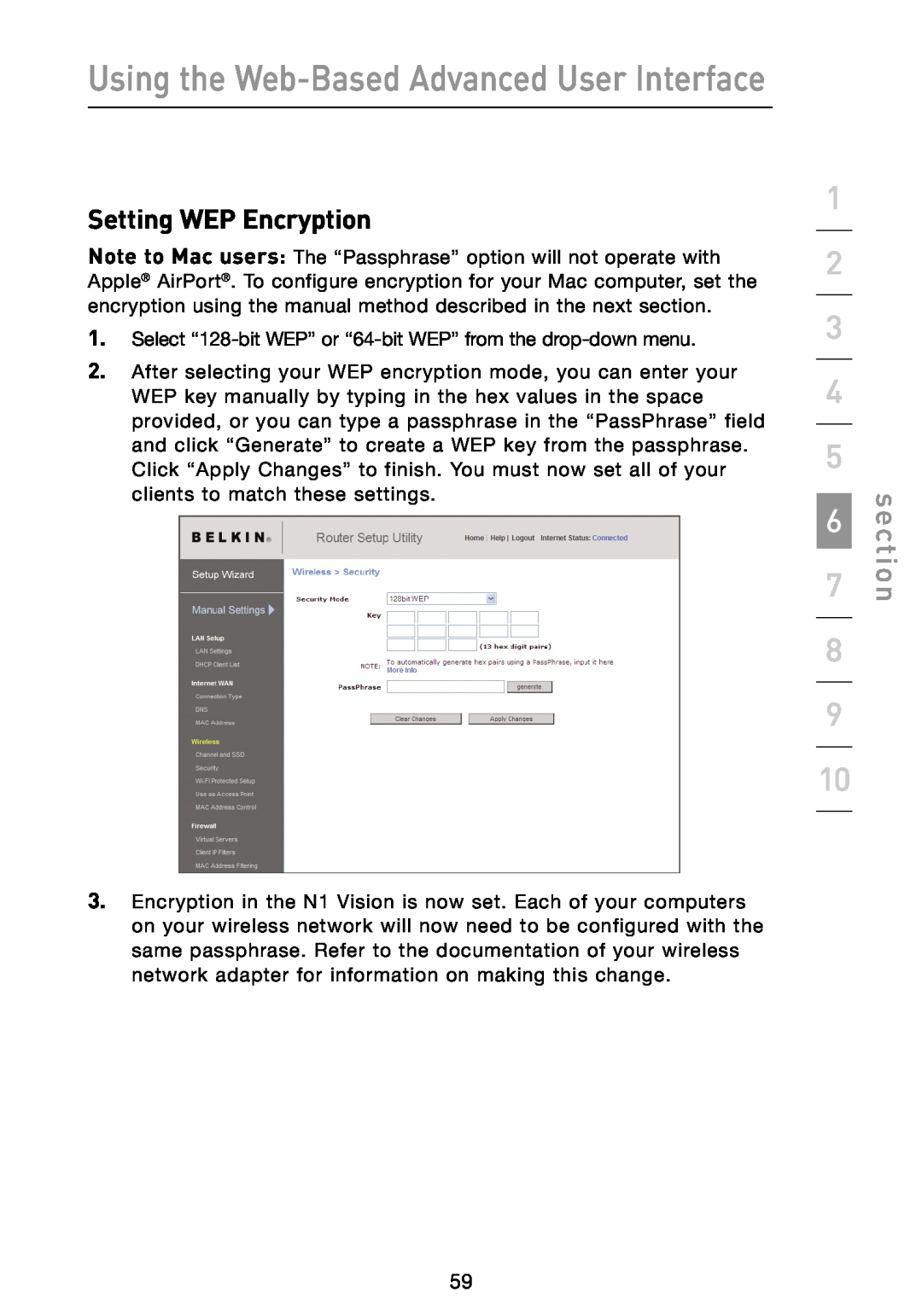 Belkin N1 user manual Setting WEP Encryption, Using the Web-Based Advanced User Interface, section 