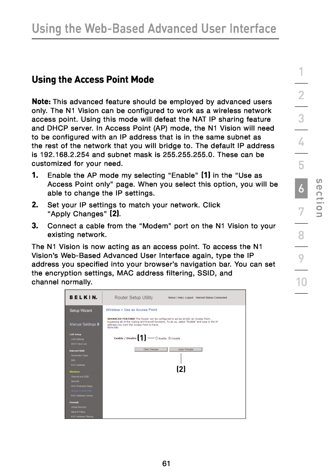 Belkin N1 user manual Using the Access Point Mode, Using the Web-Based Advanced User Interface, section 