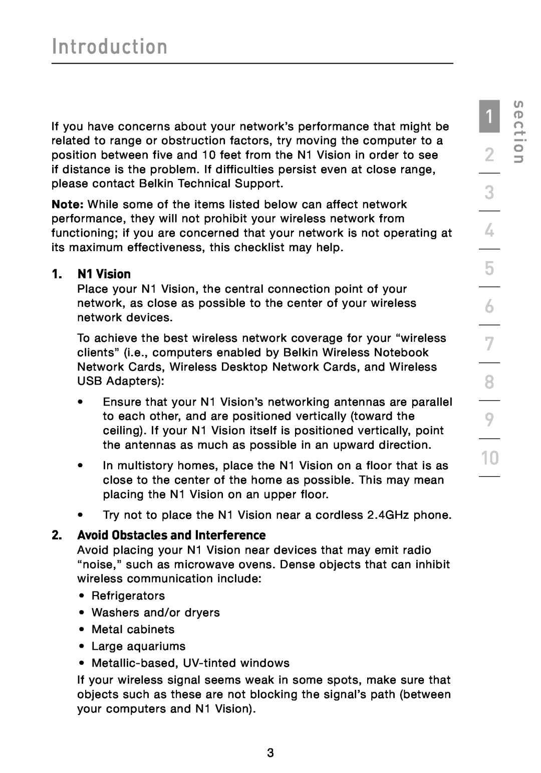 Belkin user manual section, 1. N1 Vision, Avoid Obstacles and Interference, Introduction 