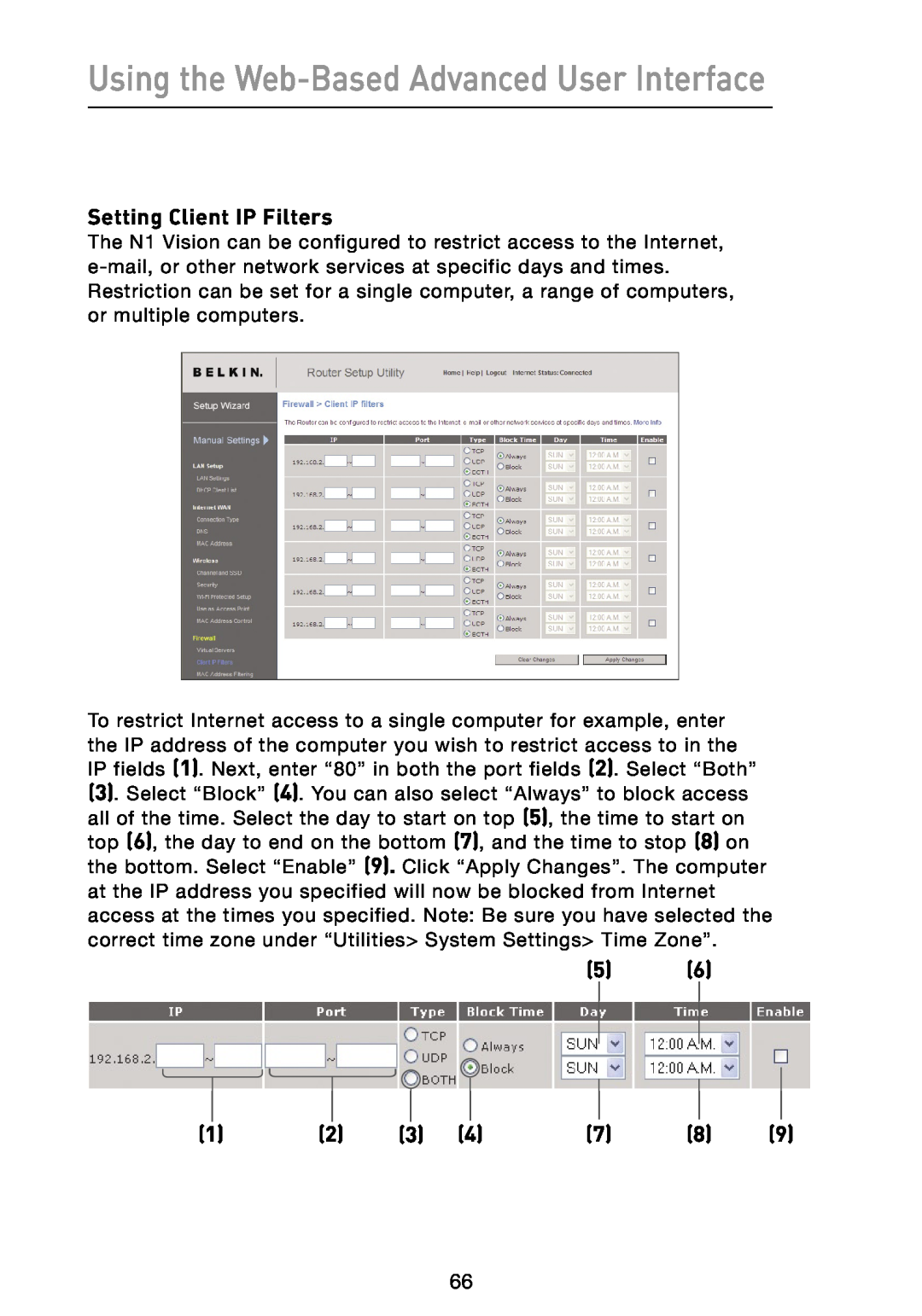 Belkin N1 user manual Setting Client IP Filters, Using the Web-Based Advanced User Interface 