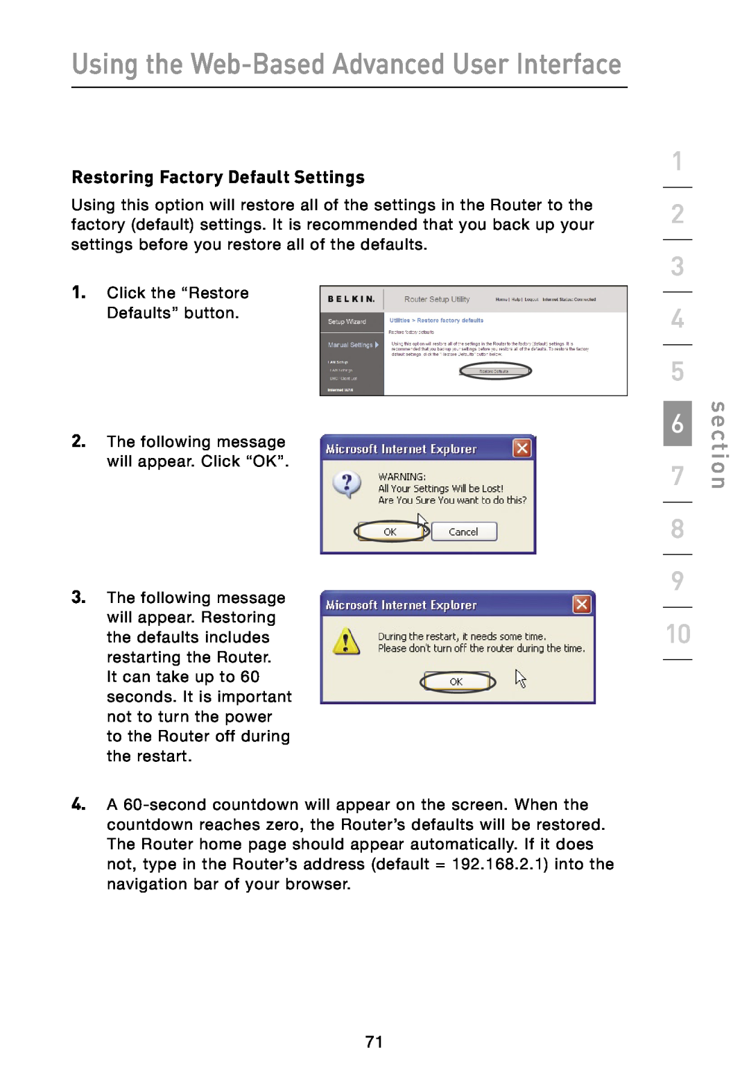 Belkin N1 user manual Restoring Factory Default Settings, Using the Web-Based Advanced User Interface, section 