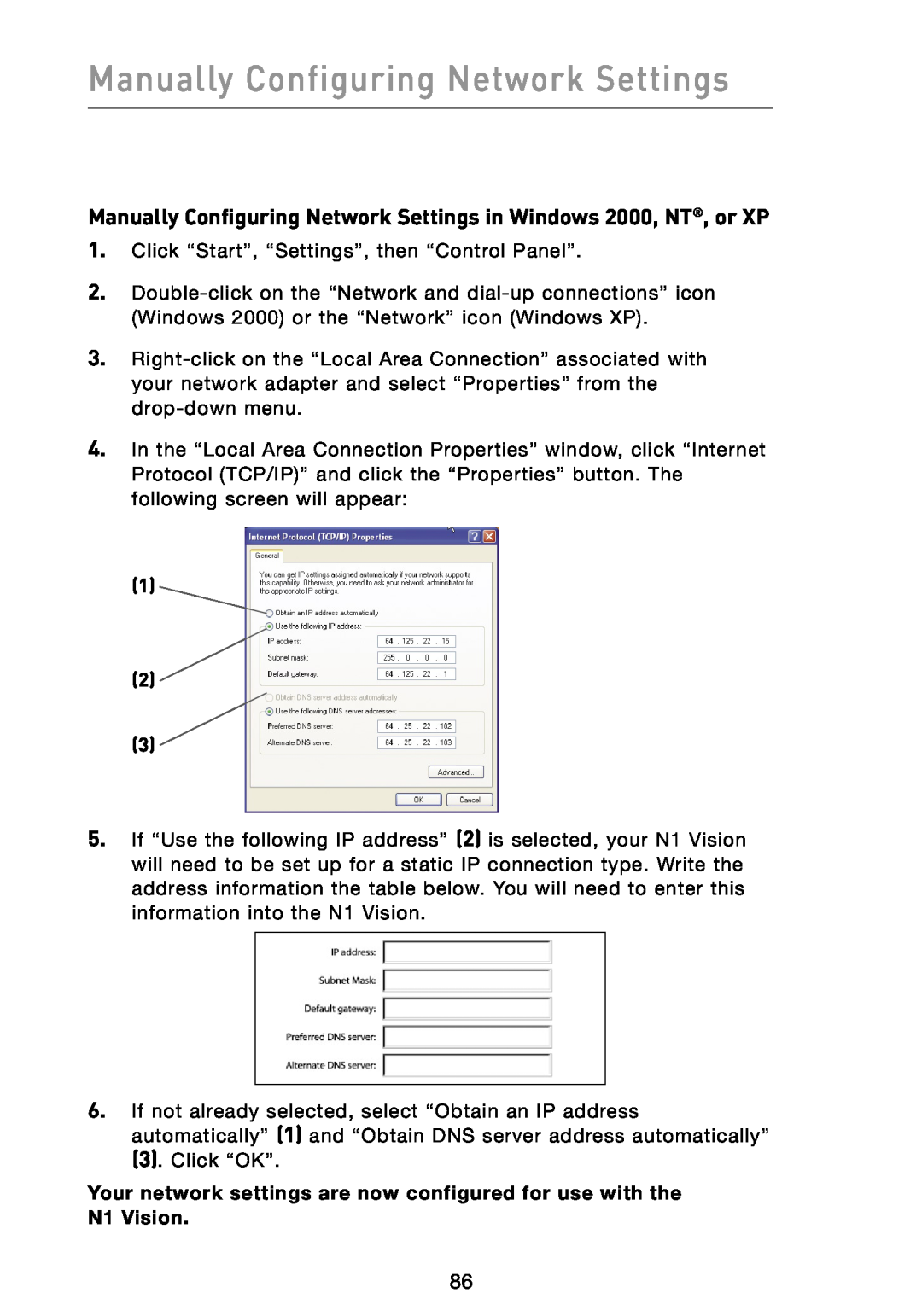 Belkin N1 user manual Manually Configuring Network Settings in Windows 2000, NT, or XP 