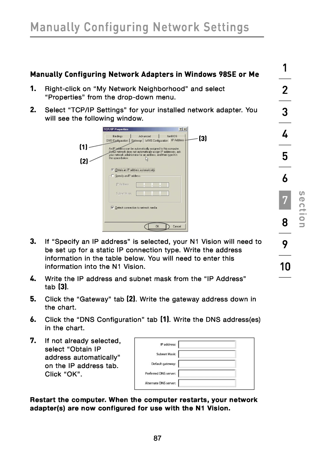 Belkin N1 Manually Configuring Network Adapters in Windows 98SE or Me, Manually Configuring Network Settings, section 