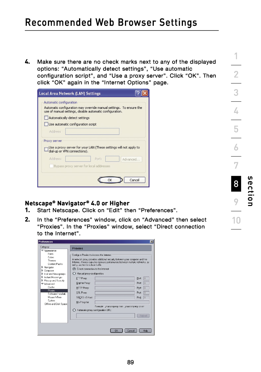 Belkin N1 user manual Netscape Navigator 4.0 or Higher, Recommended Web Browser Settings, section 