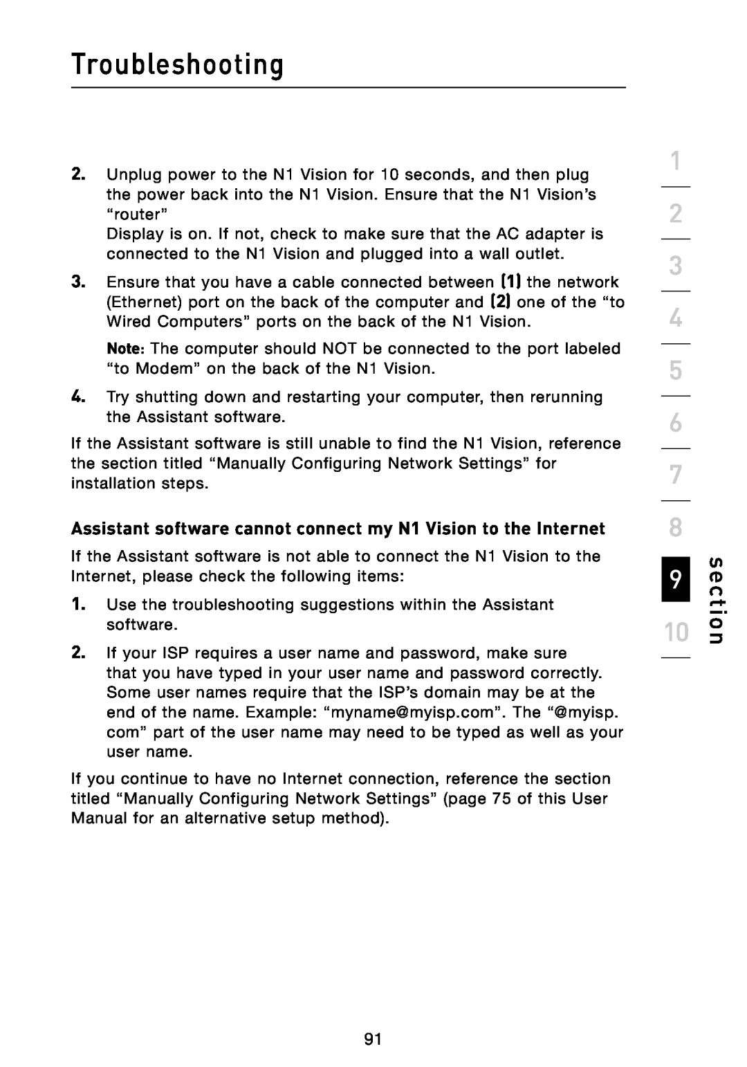 Belkin user manual Assistant software cannot connect my N1 Vision to the Internet, Troubleshooting, section 