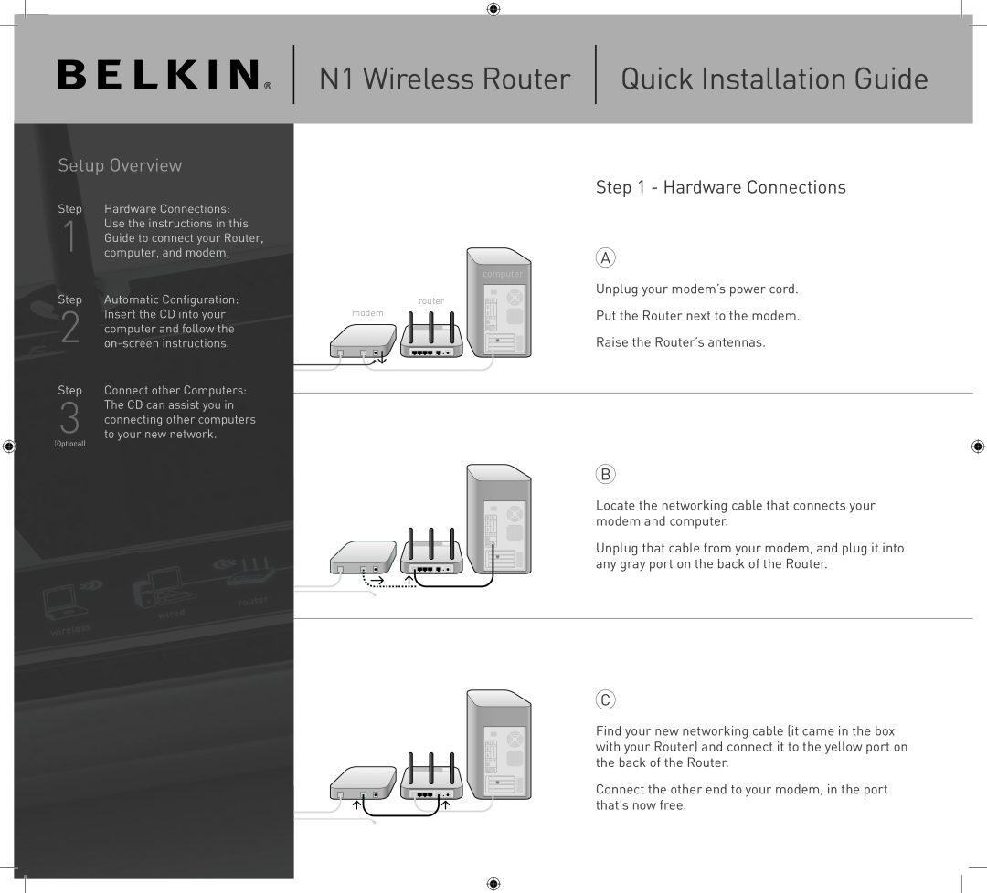 Belkin manual Hardware Connections, N1 Wireless Router Quick Installation Guide 