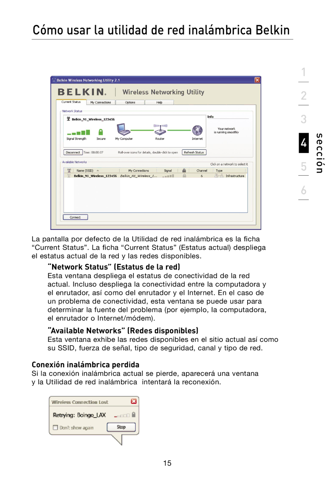 Belkin N1 user manual Network Status Estatus de la red, Available Networks Redes disponibles, Conexión inalámbrica perdida 