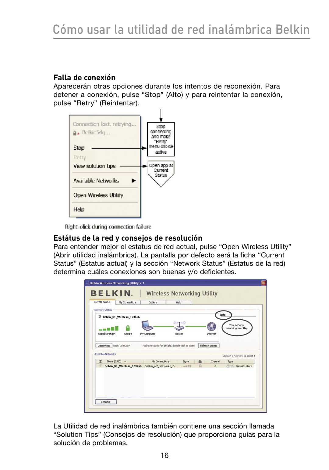 Belkin N1 Cómo usar la utilidad de red inalámbrica Belkin, Falla de conexión, Estátus de la red y consejos de resolución 