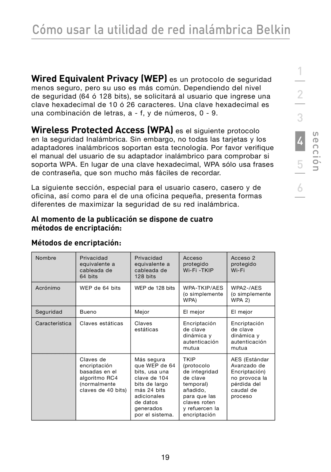 Belkin N1 user manual Wired Equivalent Privacy WEP es un protocolo de seguridad 