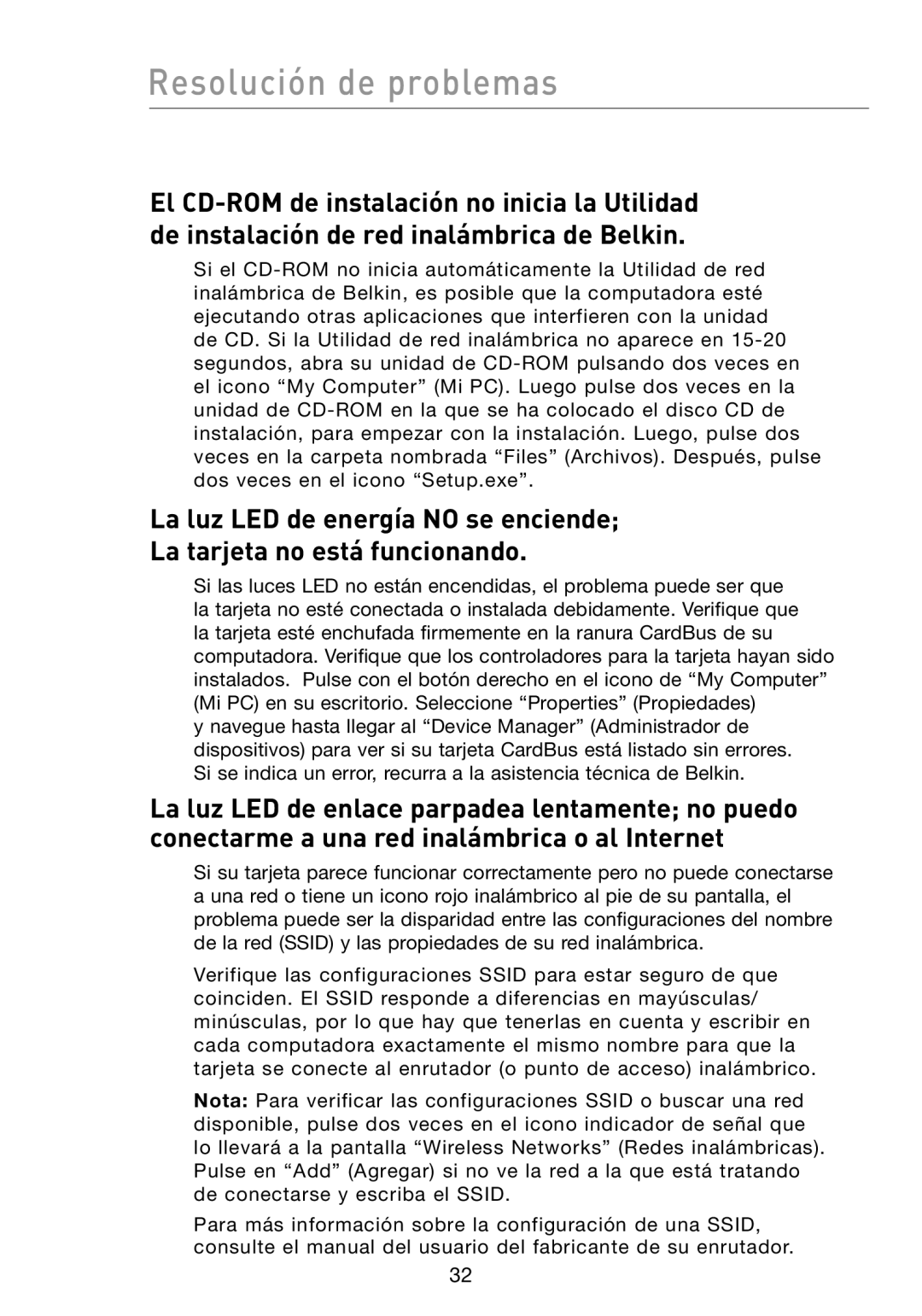 Belkin N1 user manual Resolución de problemas 