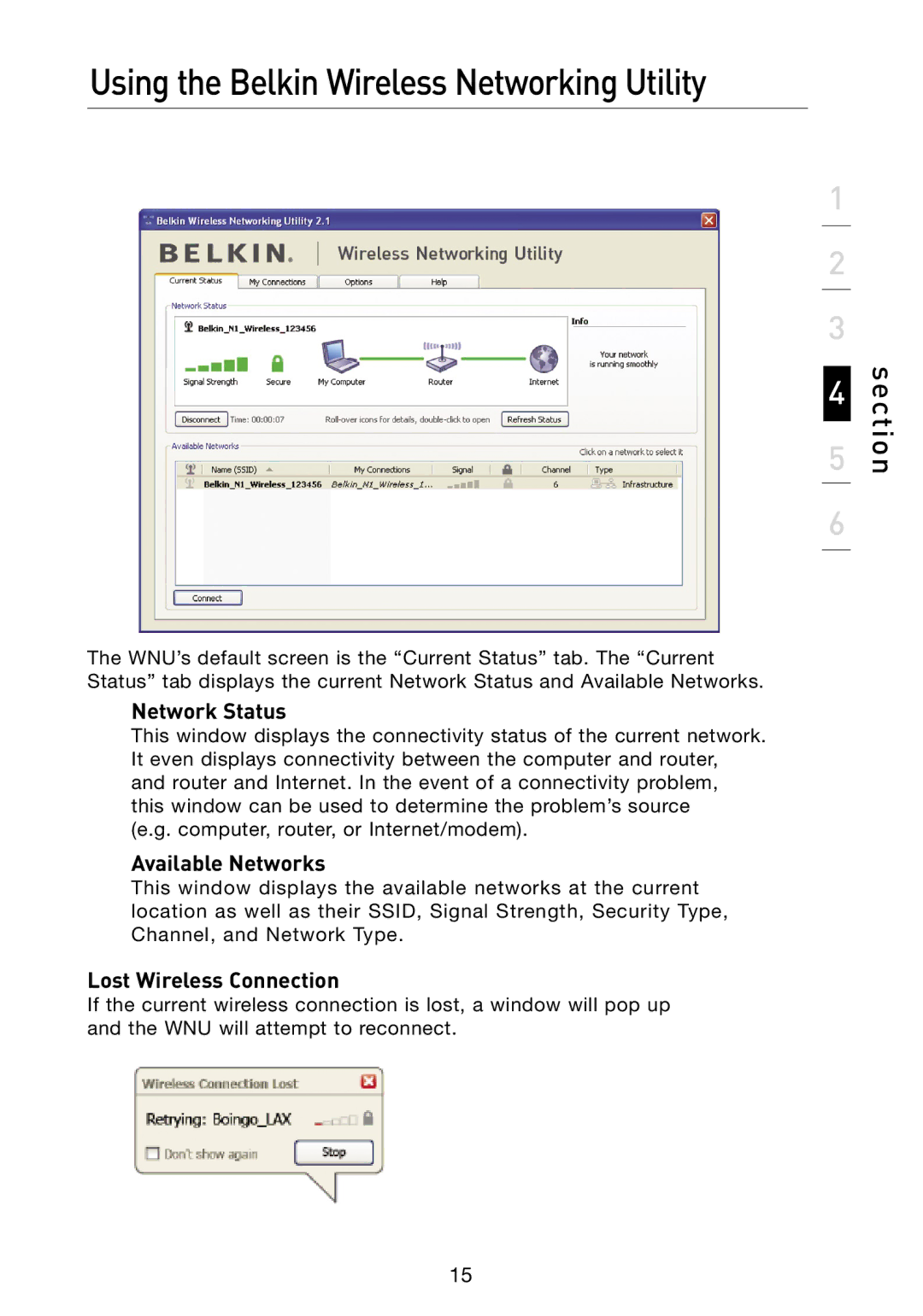 Belkin N1 user manual Network Status, Available Networks, Lost Wireless Connection 