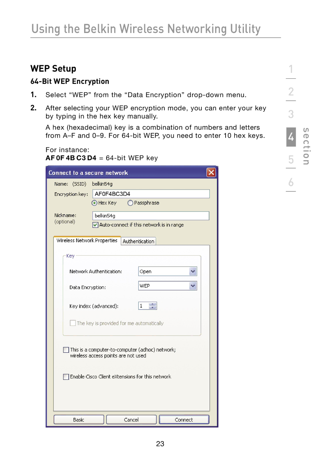 Belkin N1 user manual WEP Setup, Bit WEP Encryption 