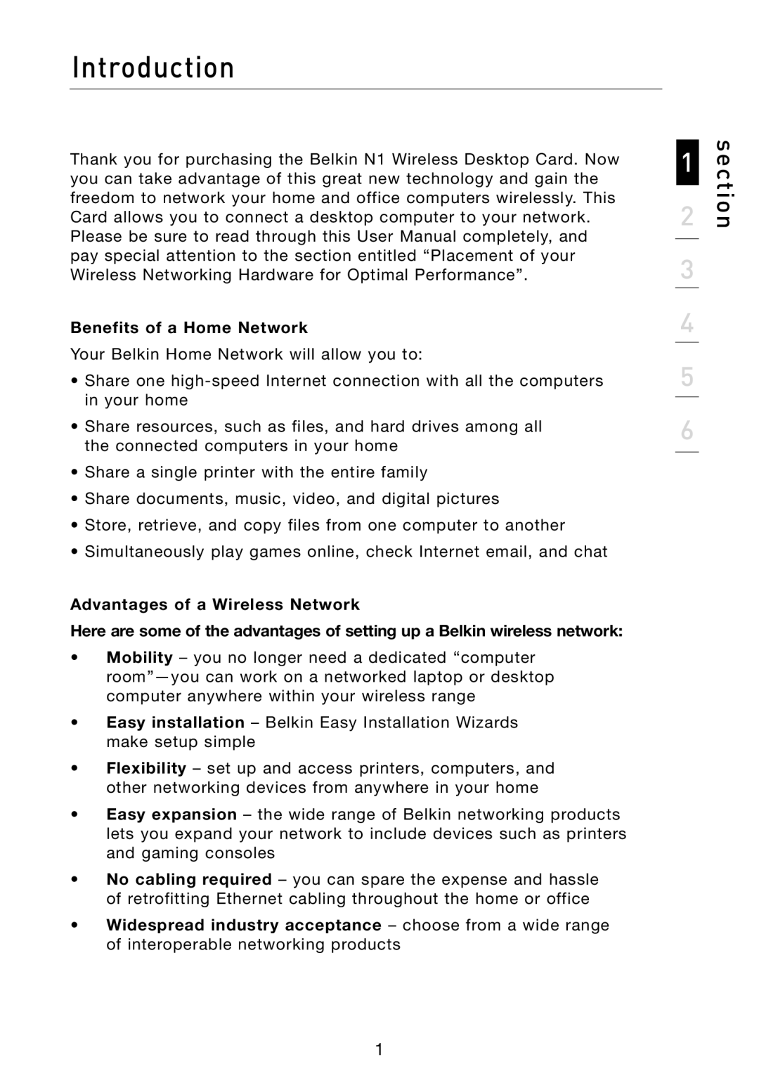 Belkin N1 user manual Introduction, Benefits of a Home Network, Advantages of a Wireless Network 