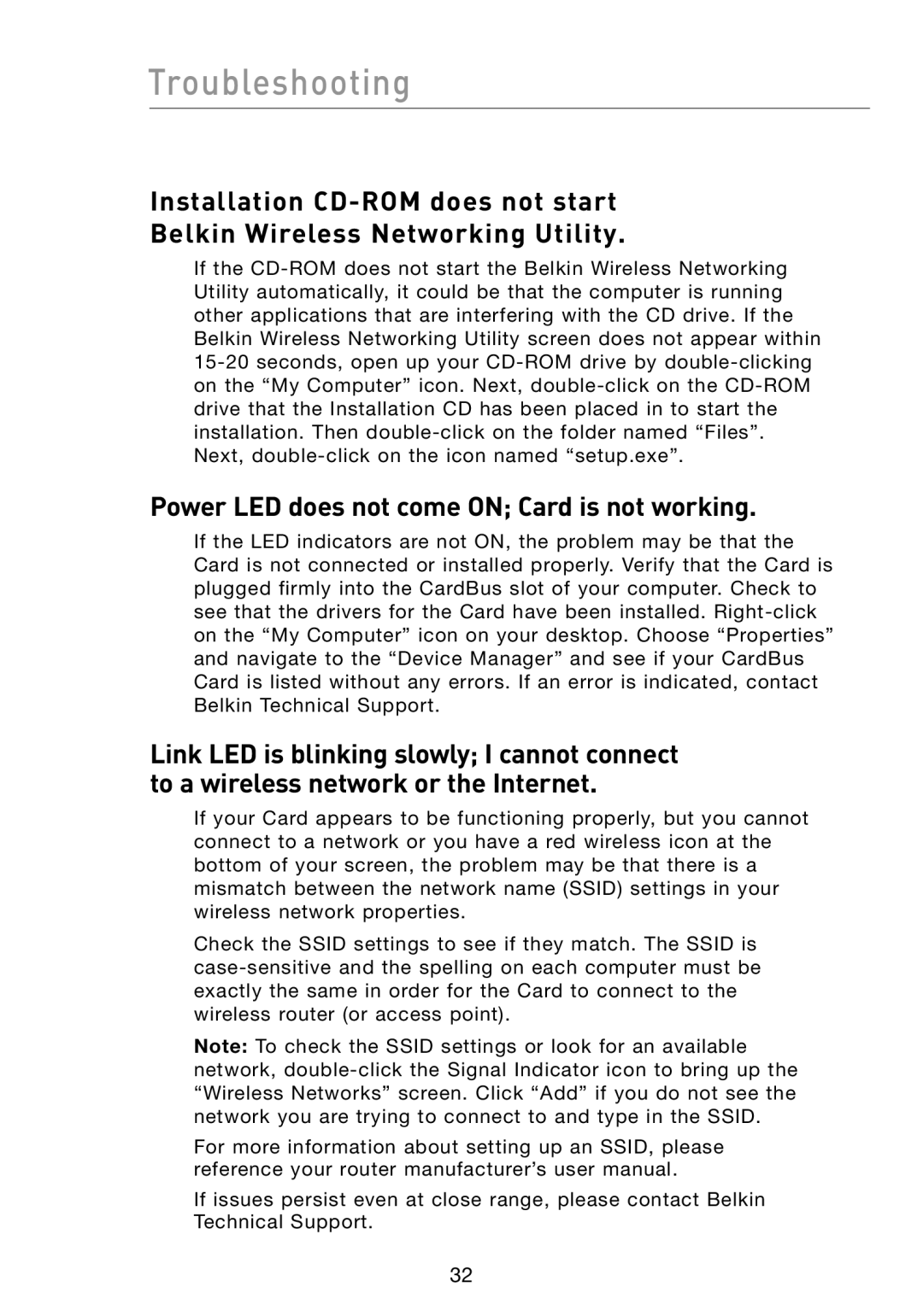 Belkin N1 user manual Troubleshooting, Power LED does not come on Card is not working 