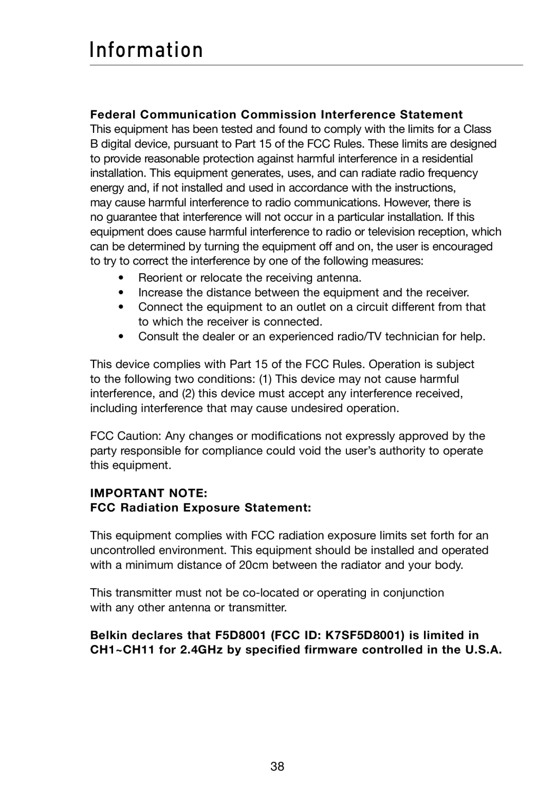 Belkin N1 Information, Federal Communication Commission Interference Statement, FCC Radiation Exposure Statement 