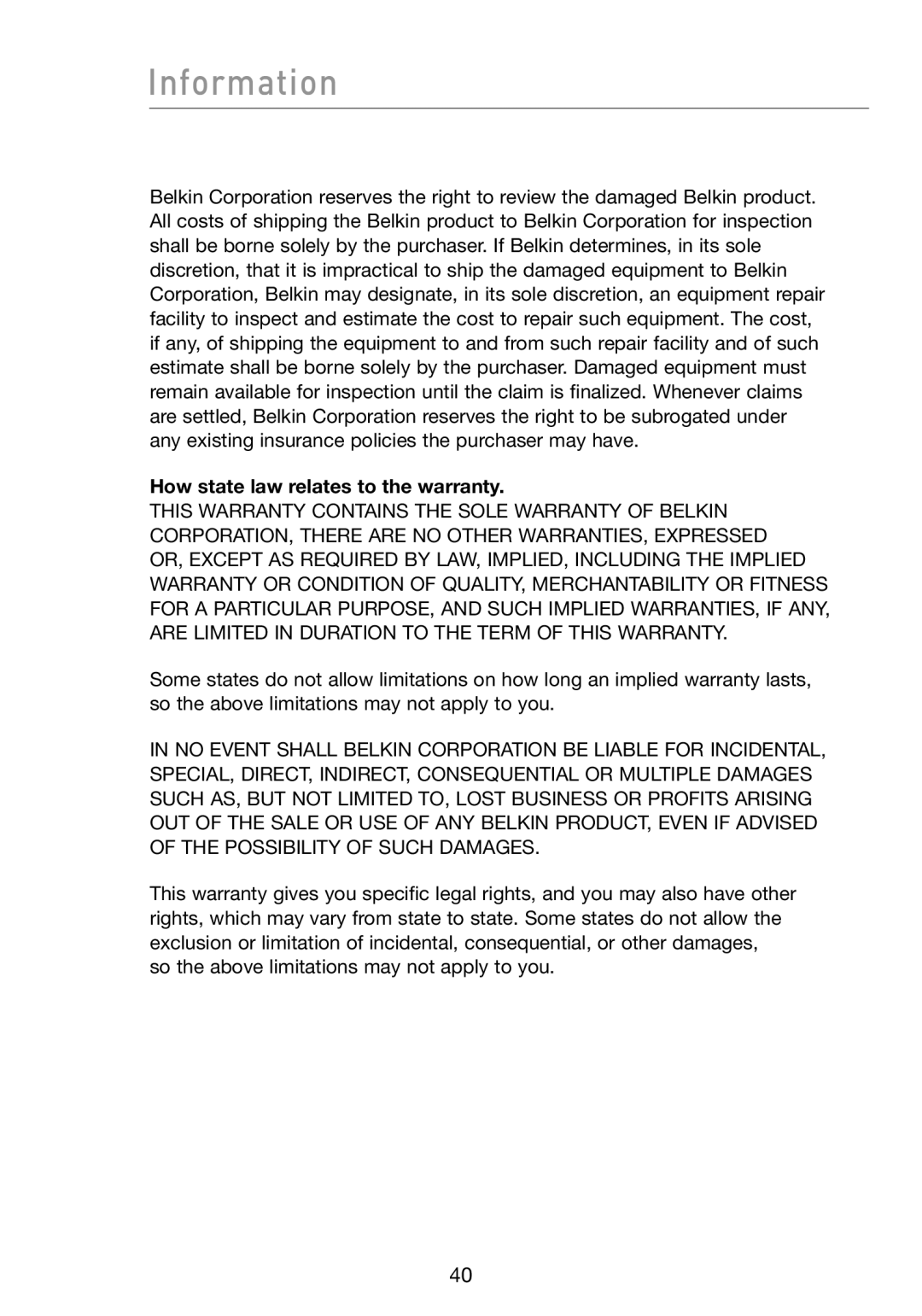 Belkin N1 user manual Information, How state law relates to the warranty 