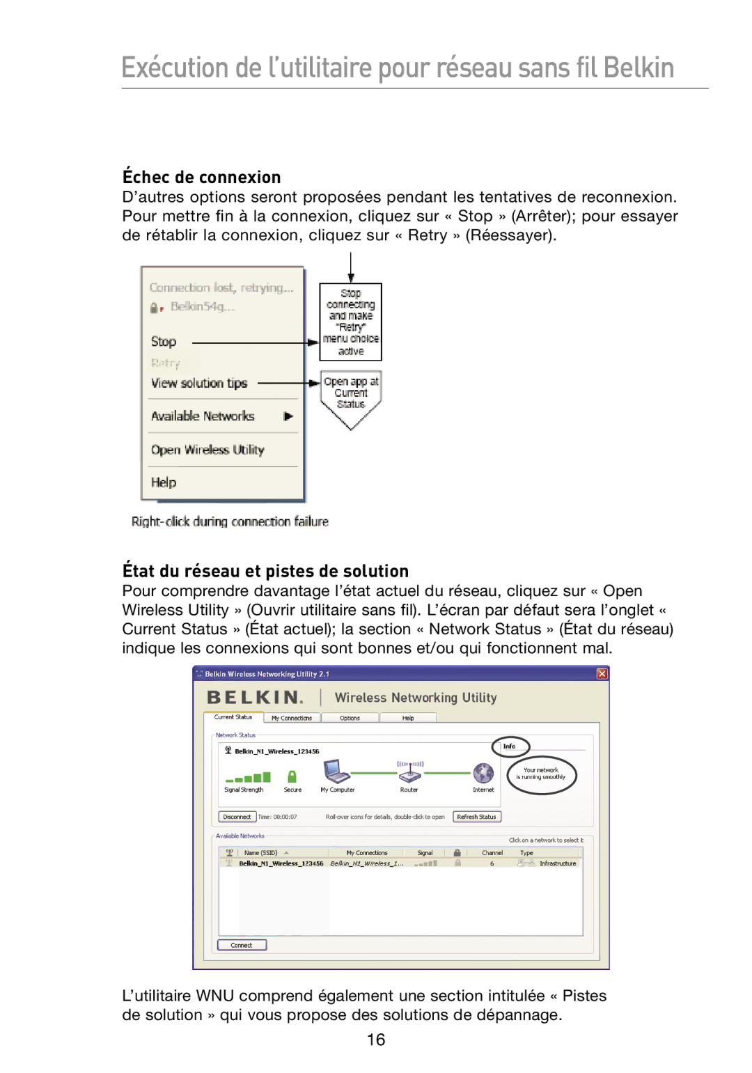 Belkin N1 user manual Échec de connexion, État du réseau et pistes de solution 