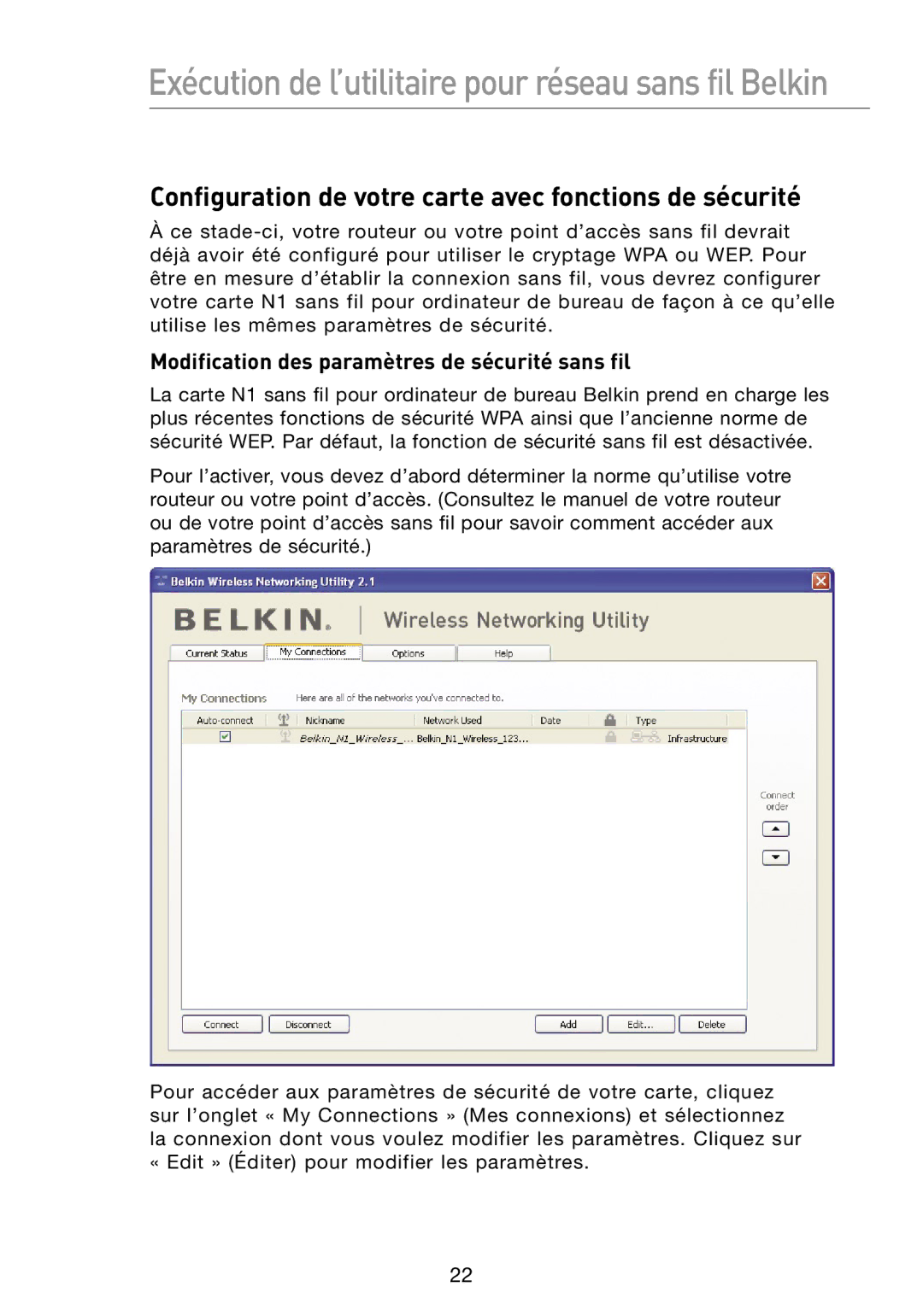 Belkin N1 Configuration de votre carte avec fonctions de sécurité, Modification des paramètres de sécurité sans fil 