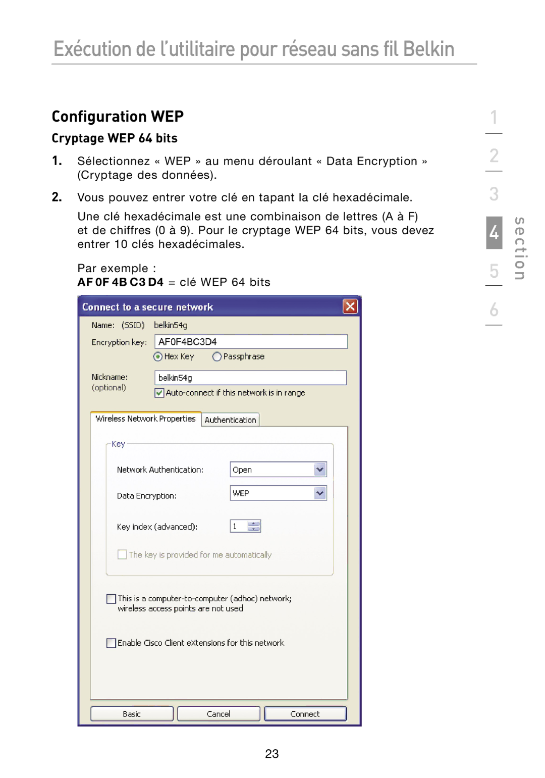 Belkin N1 user manual Configuration WEP, Cryptage WEP 64 bits 