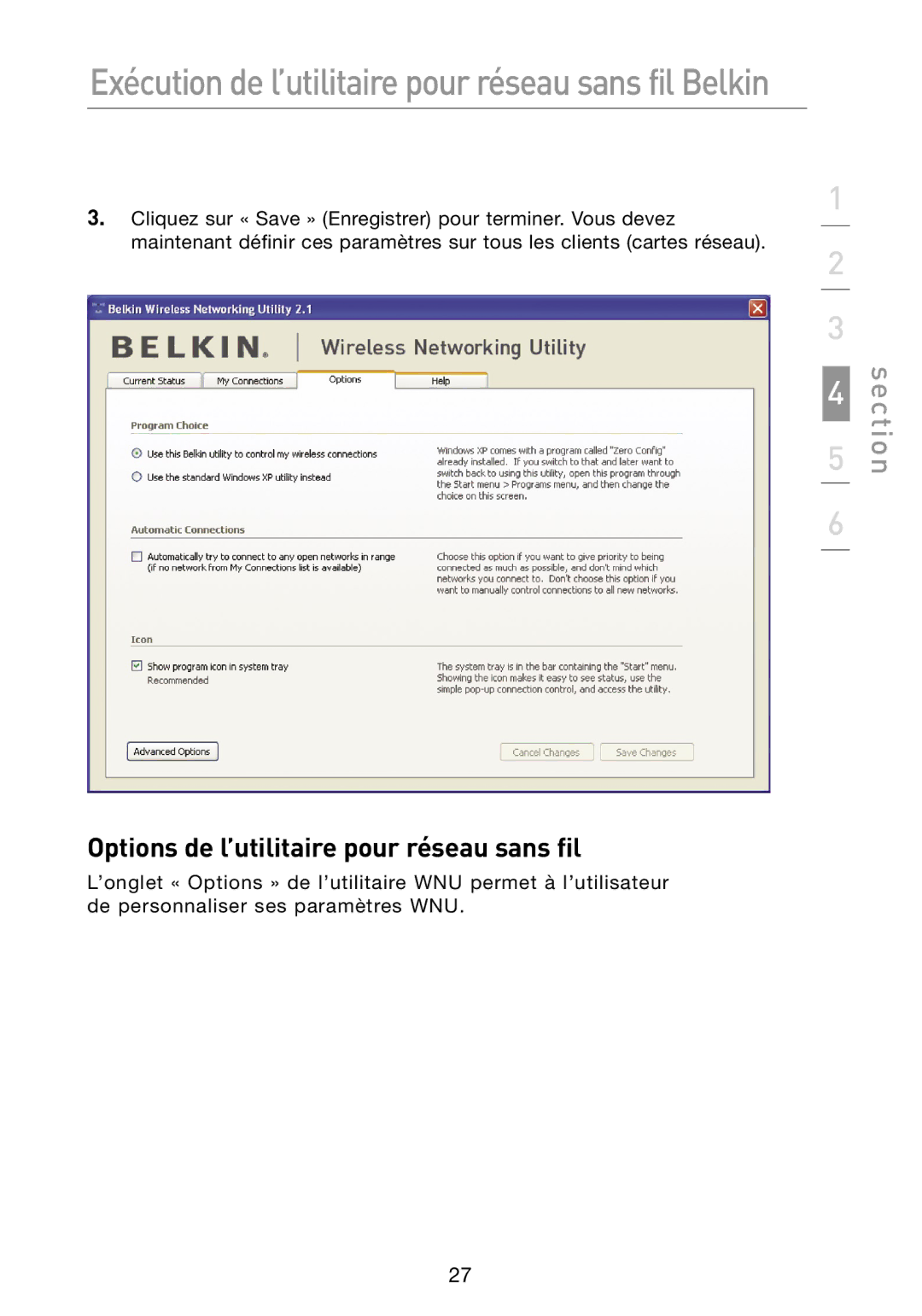 Belkin N1 user manual Options de l’utilitaire pour réseau sans fil 