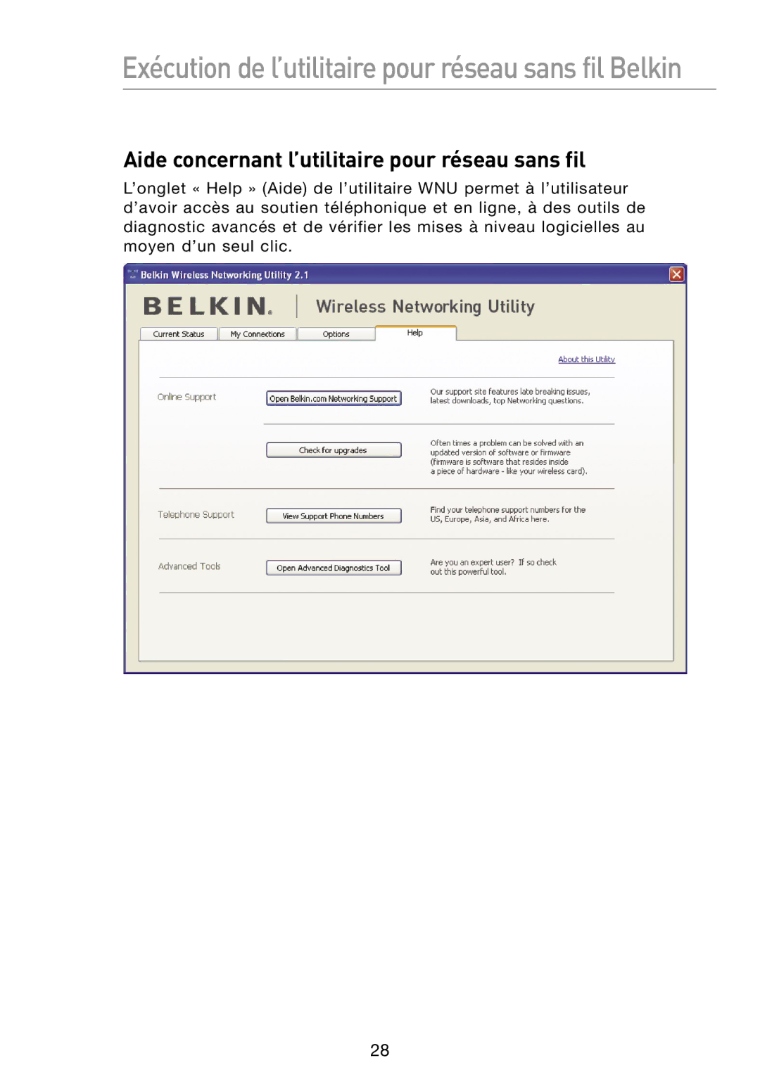 Belkin N1 user manual Aide concernant l’utilitaire pour réseau sans fil 