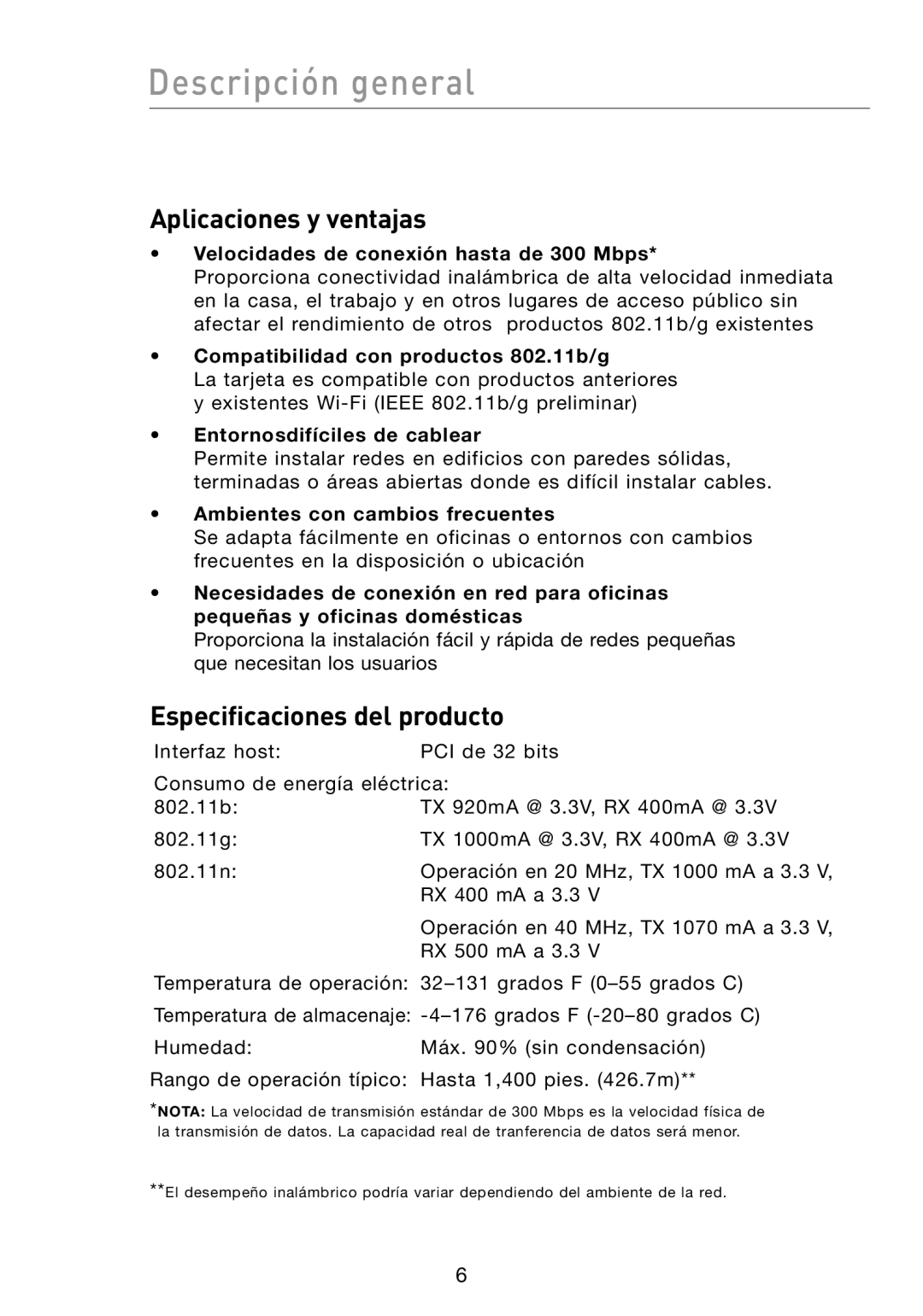 Belkin N1 user manual Descripción general, Aplicaciones y ventajas, Especificaciones del producto 