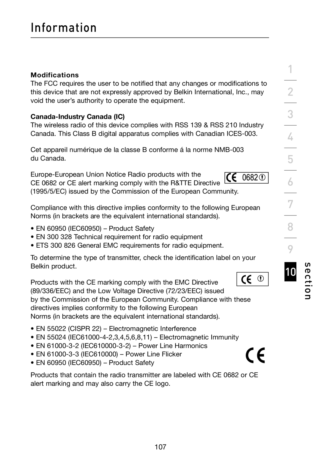 Belkin N1 user manual Modifications, Canada-Industry Canada IC 