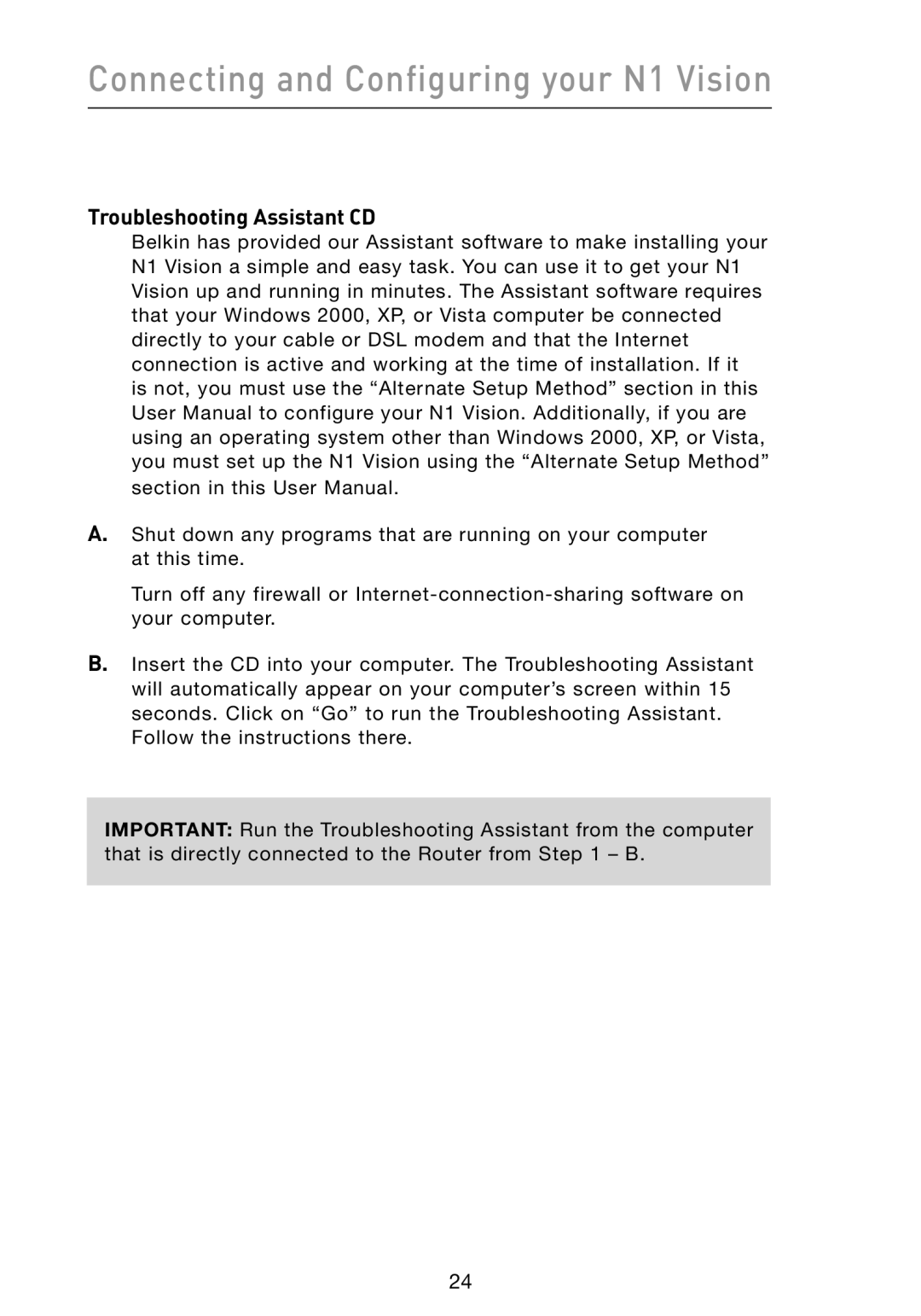 Belkin N1 user manual Troubleshooting Assistant CD 