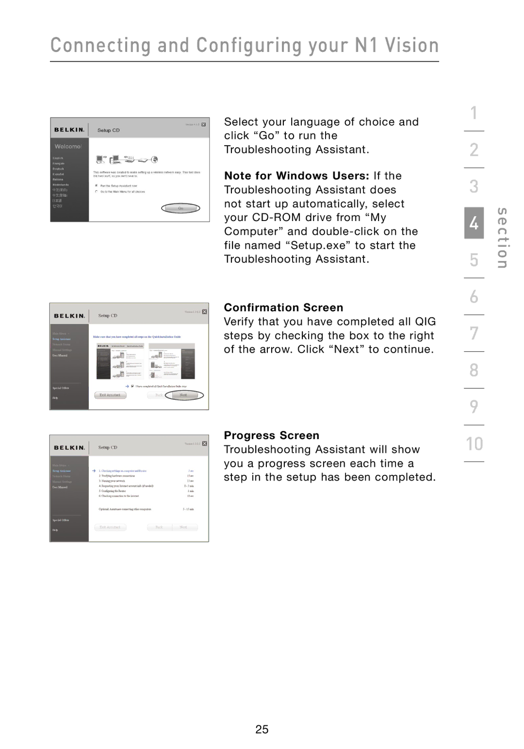 Belkin N1 user manual Confirmation Screen, Progress Screen 