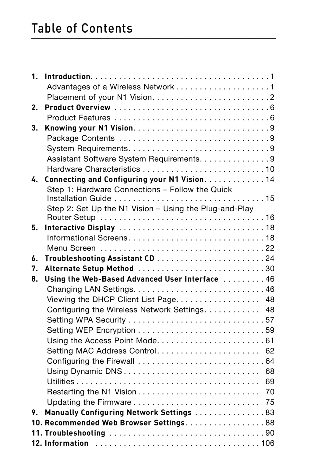 Belkin N1 user manual Table of Contents 