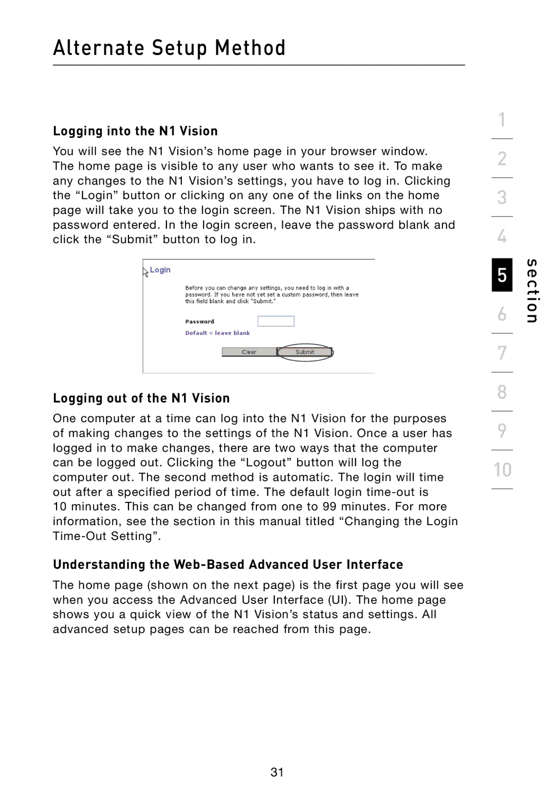 Belkin Logging into the N1 Vision, Logging out of the N1 Vision, Understanding the Web-Based Advanced User Interface 