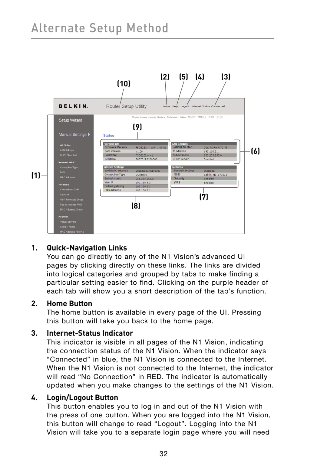 Belkin N1 user manual Quick-Navigation Links, Home Button, Internet-Status Indicator, Login/Logout Button 