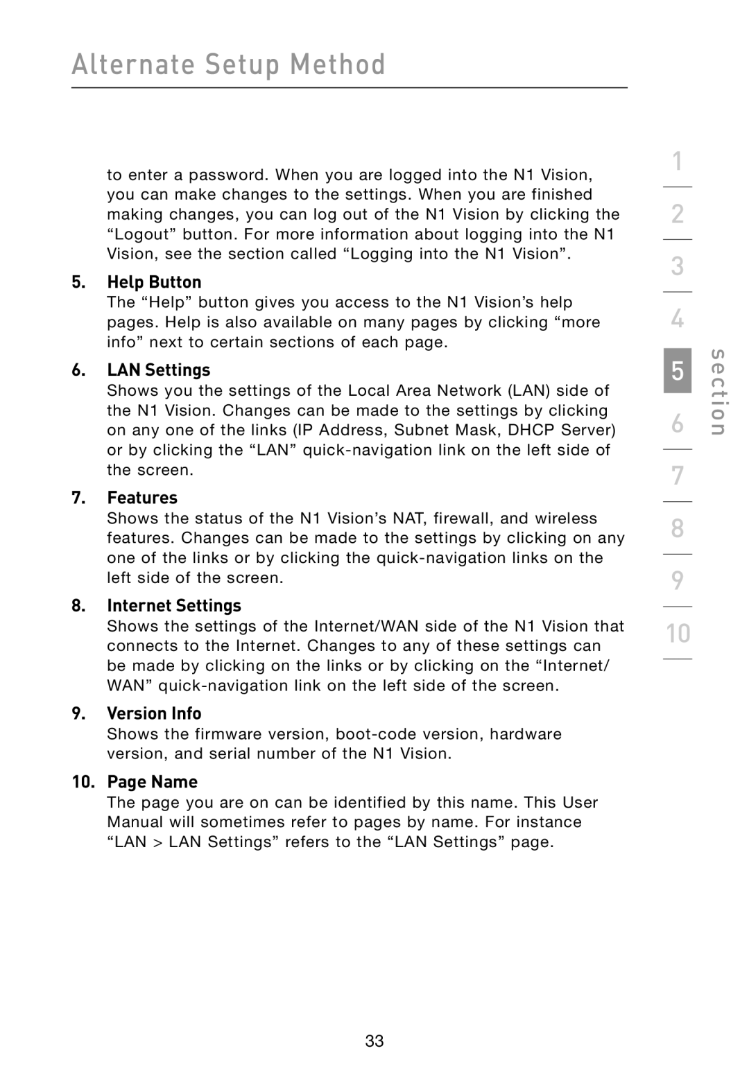 Belkin N1 user manual Help Button, LAN Settings, Features, Internet Settings, Version Info, Name 
