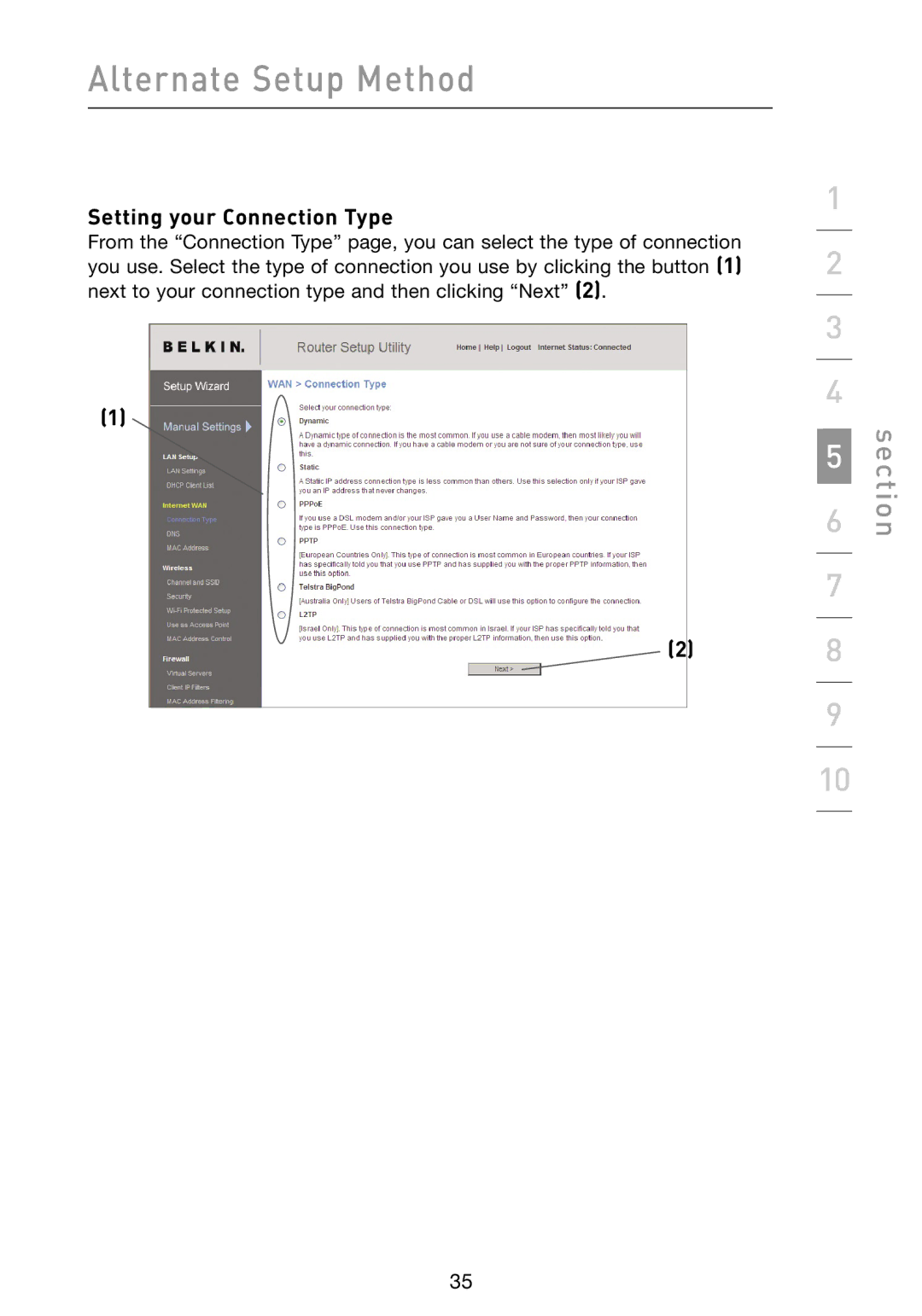 Belkin N1 user manual Setting your Connection Type 