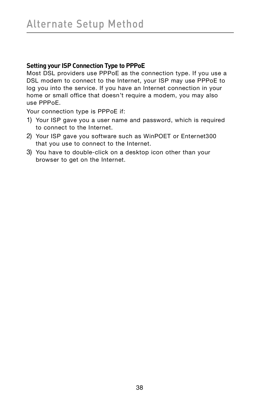 Belkin N1 user manual Setting your ISP Connection Type to PPPoE 