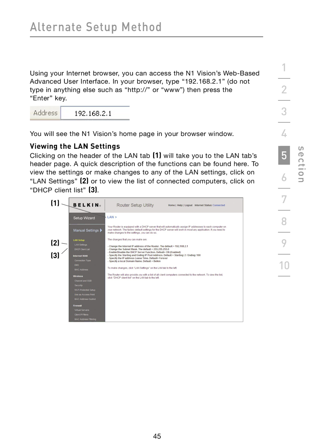 Belkin N1 user manual Viewing the LAN Settings 