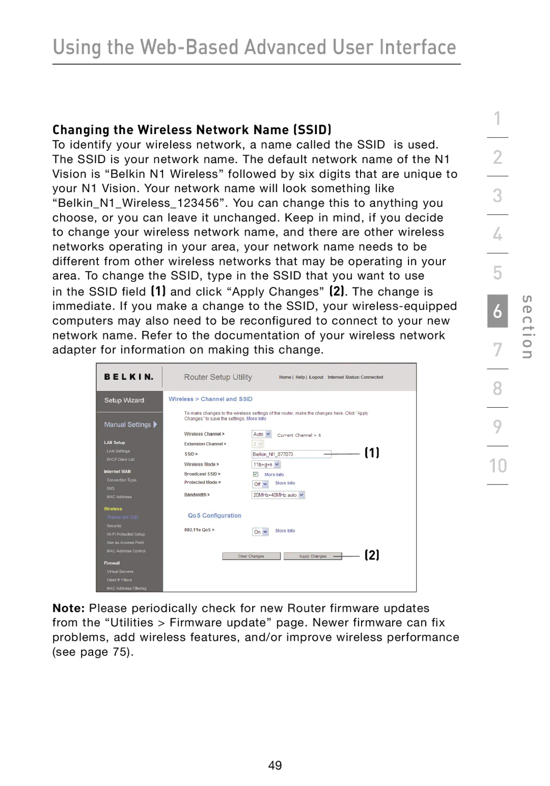 Belkin N1 user manual Using the Web-Based Advanced User Interface, Changing the Wireless Network Name Ssid 