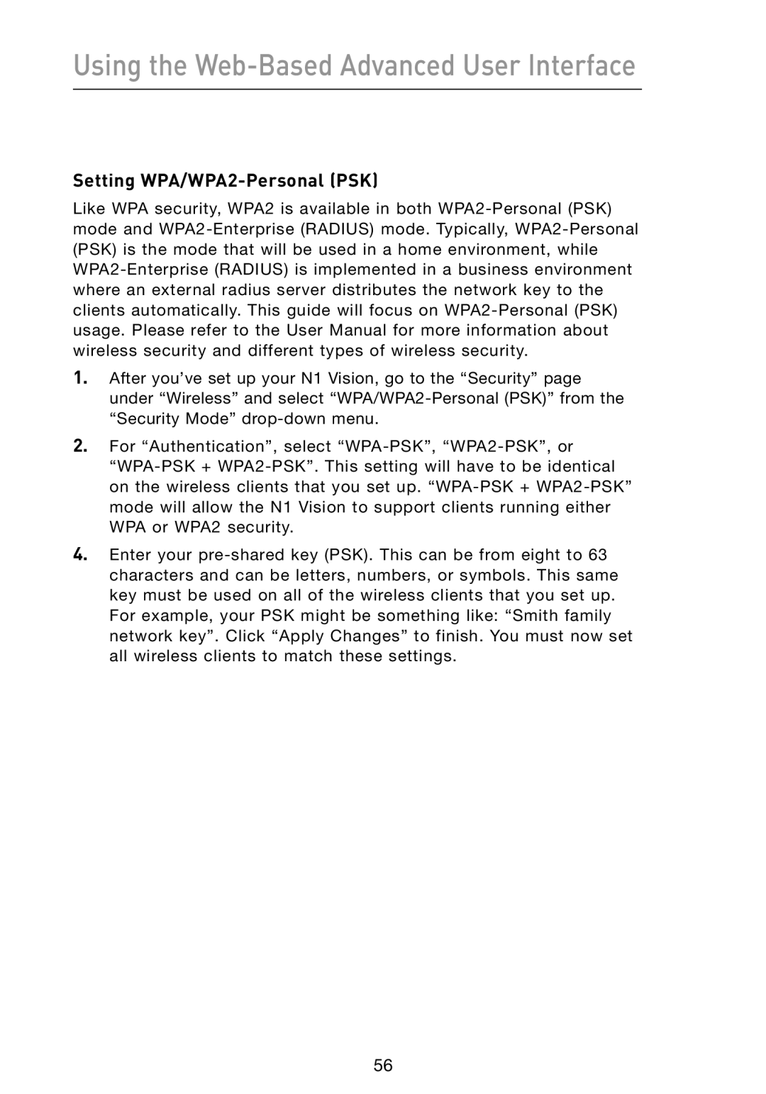 Belkin N1 user manual Setting WPA/WPA2-Personal PSK 