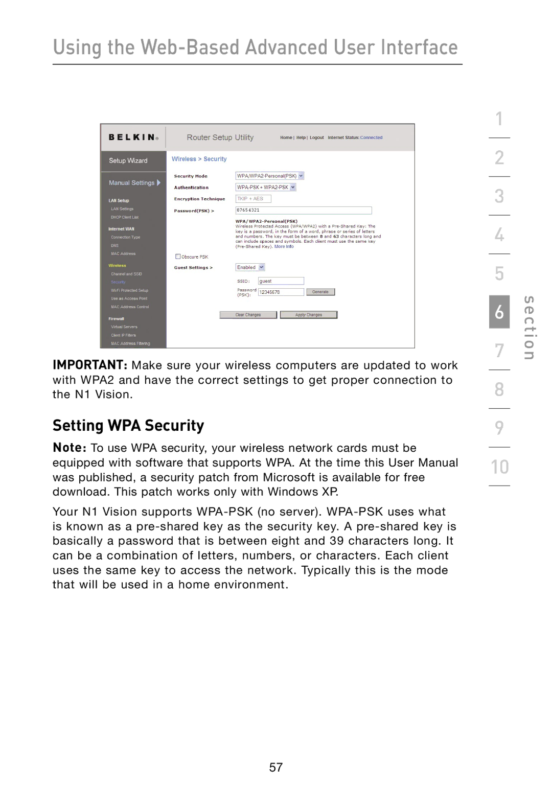 Belkin N1 user manual Setting WPA Security 