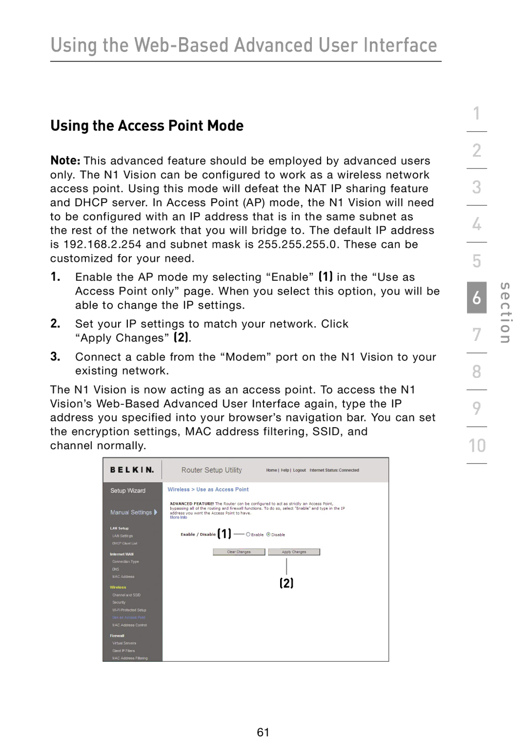 Belkin N1 user manual Using the Access Point Mode 