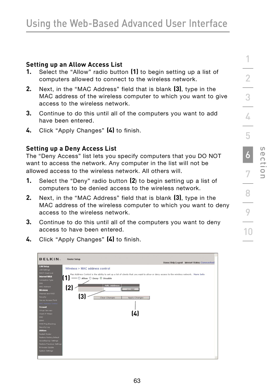 Belkin N1 user manual Setting up an Allow Access List, Setting up a Deny Access List 