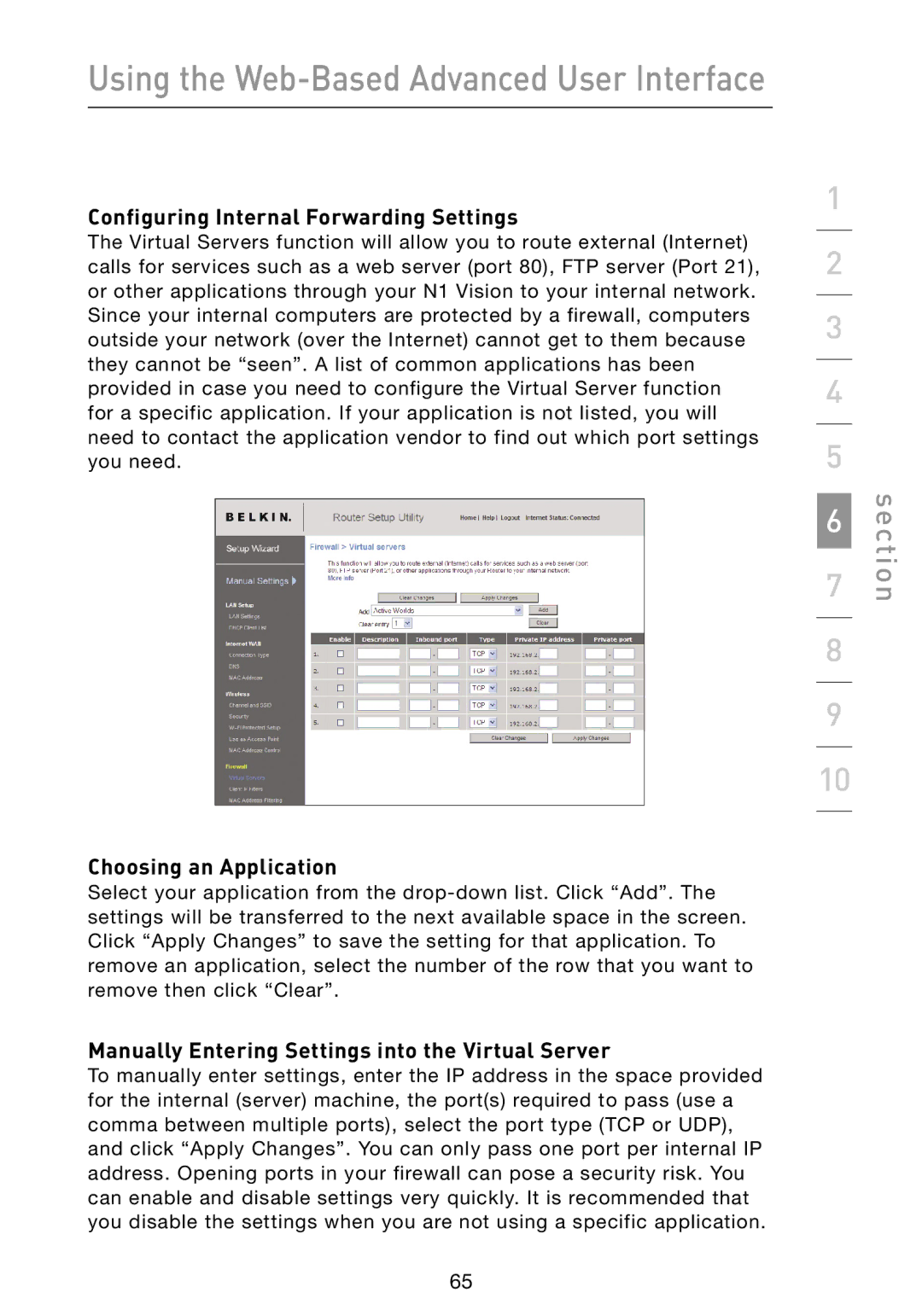 Belkin N1 user manual Configuring Internal Forwarding Settings, Choosing an Application 