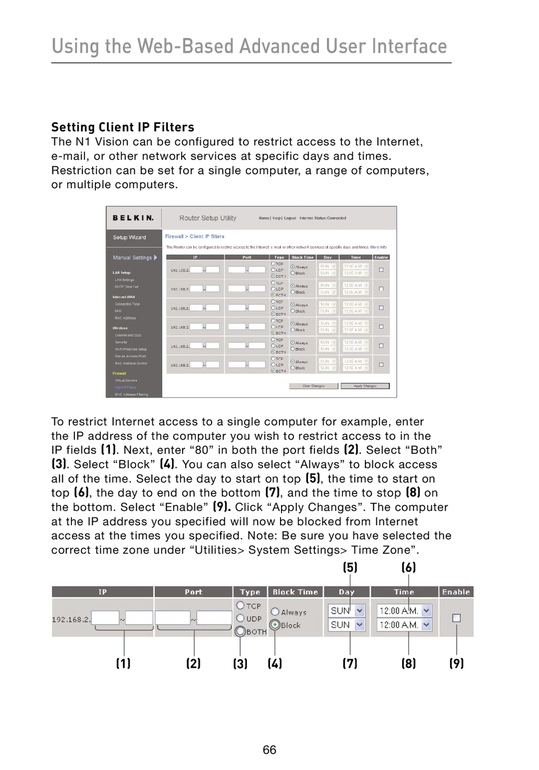 Belkin N1 user manual Setting Client IP Filters 