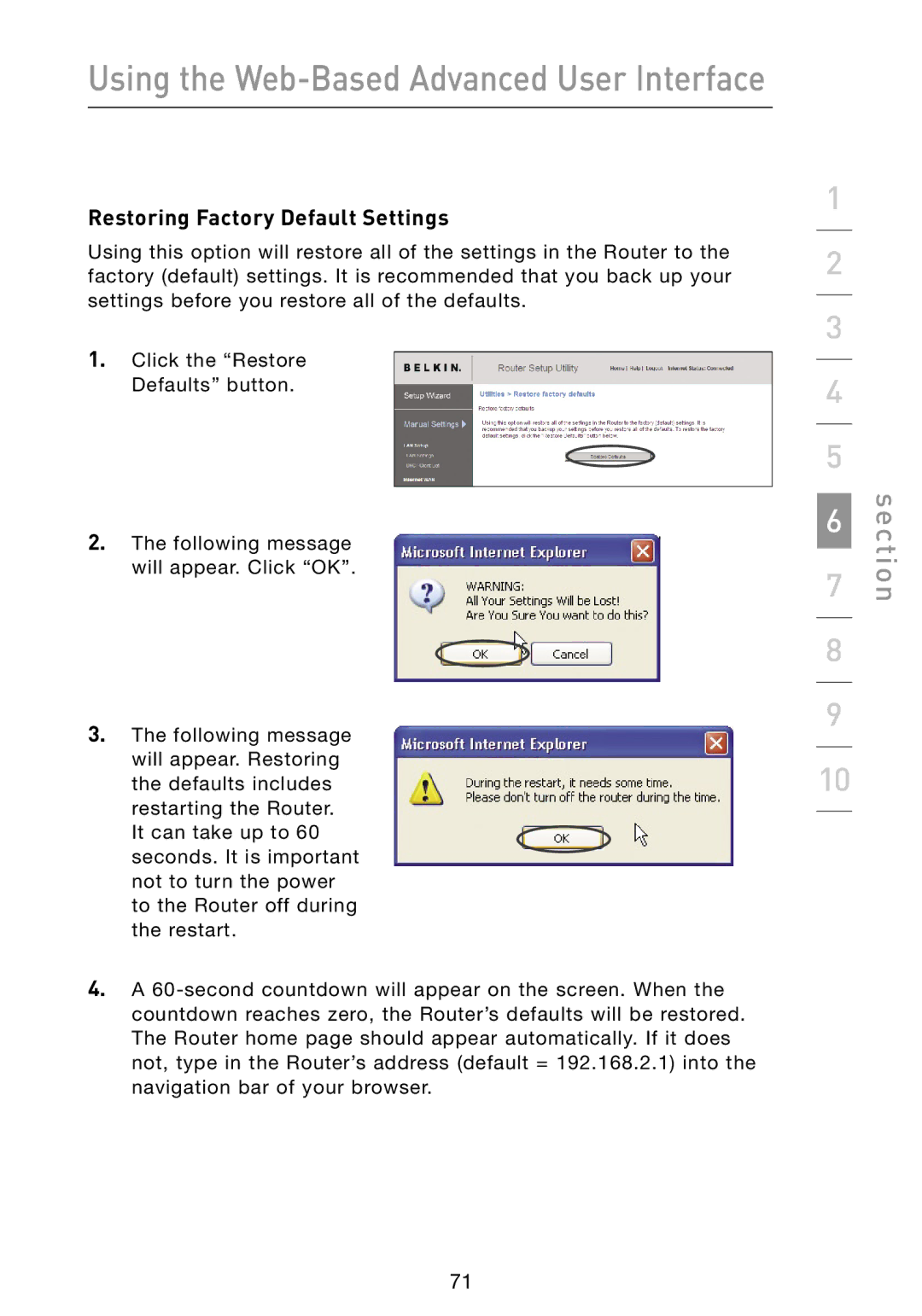 Belkin N1 user manual Restoring Factory Default Settings 