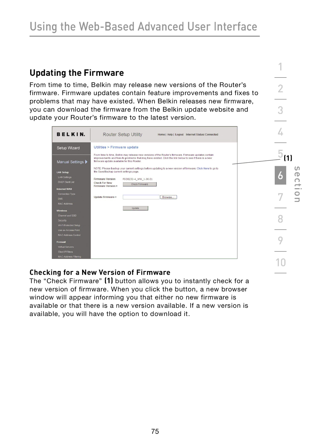 Belkin N1 user manual Updating the Firmware, Checking for a New Version of Firmware 