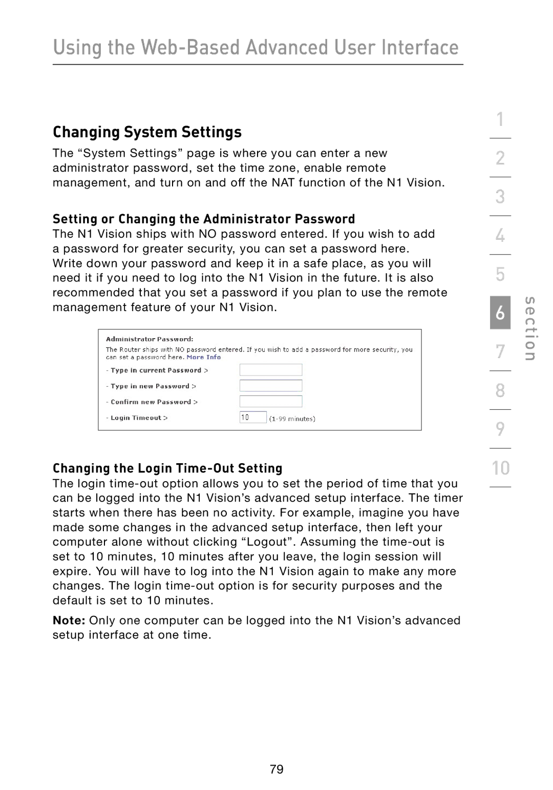 Belkin N1 Changing System Settings, Setting or Changing the Administrator Password, Changing the Login Time-Out Setting 