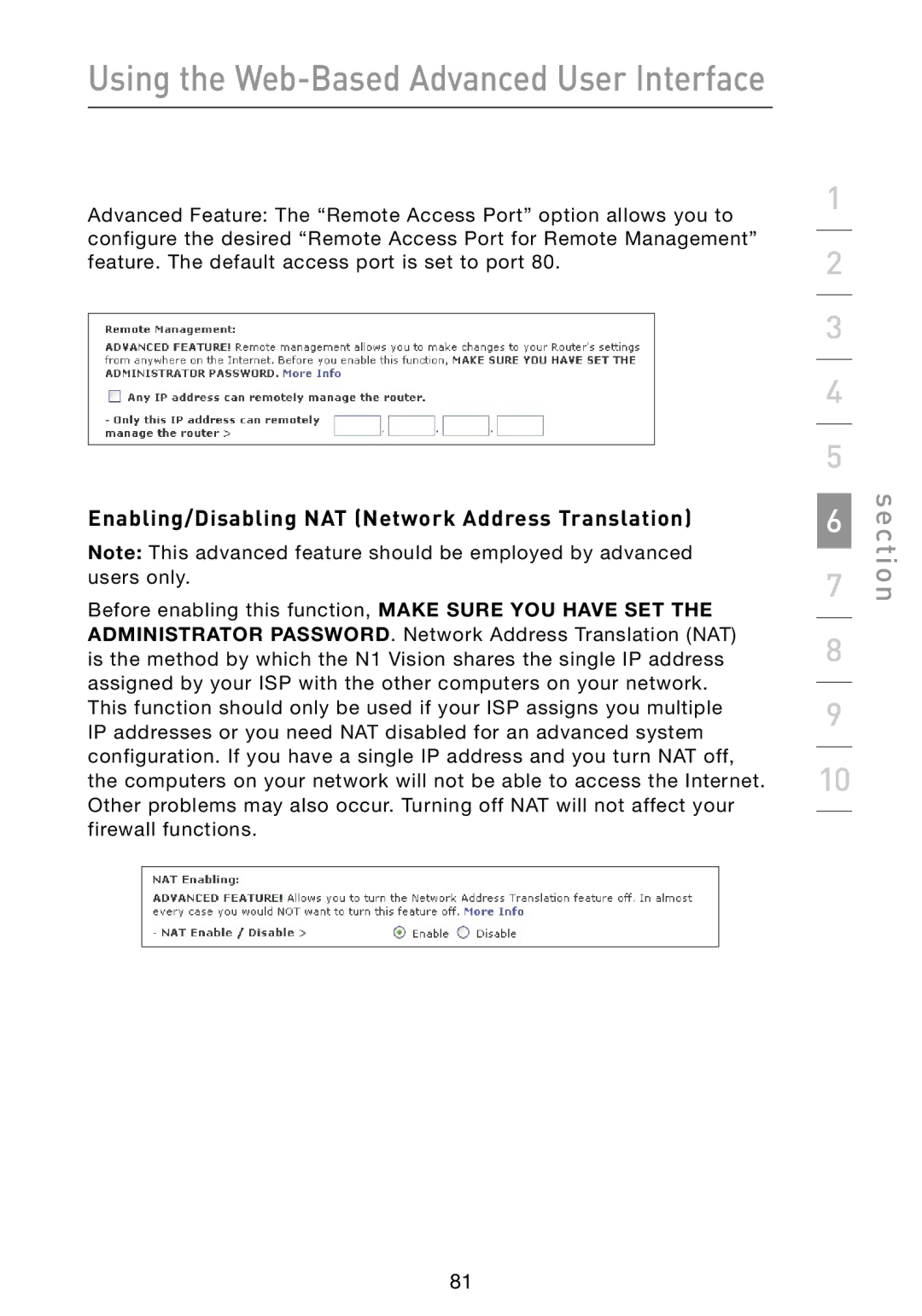 Belkin N1 user manual Enabling/Disabling NAT Network Address Translation 