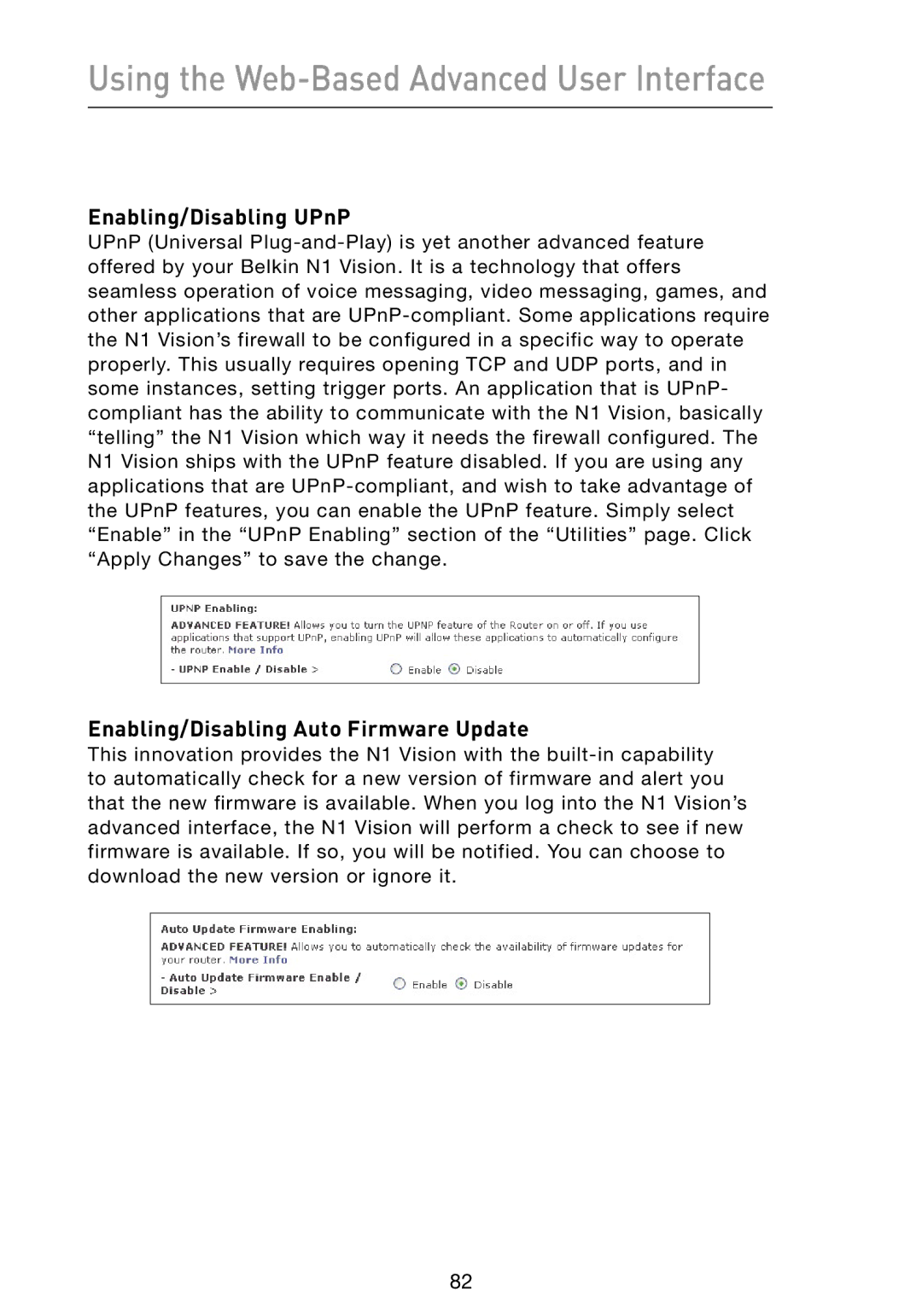 Belkin N1 user manual Enabling/Disabling UPnP, Enabling/Disabling Auto Firmware Update 