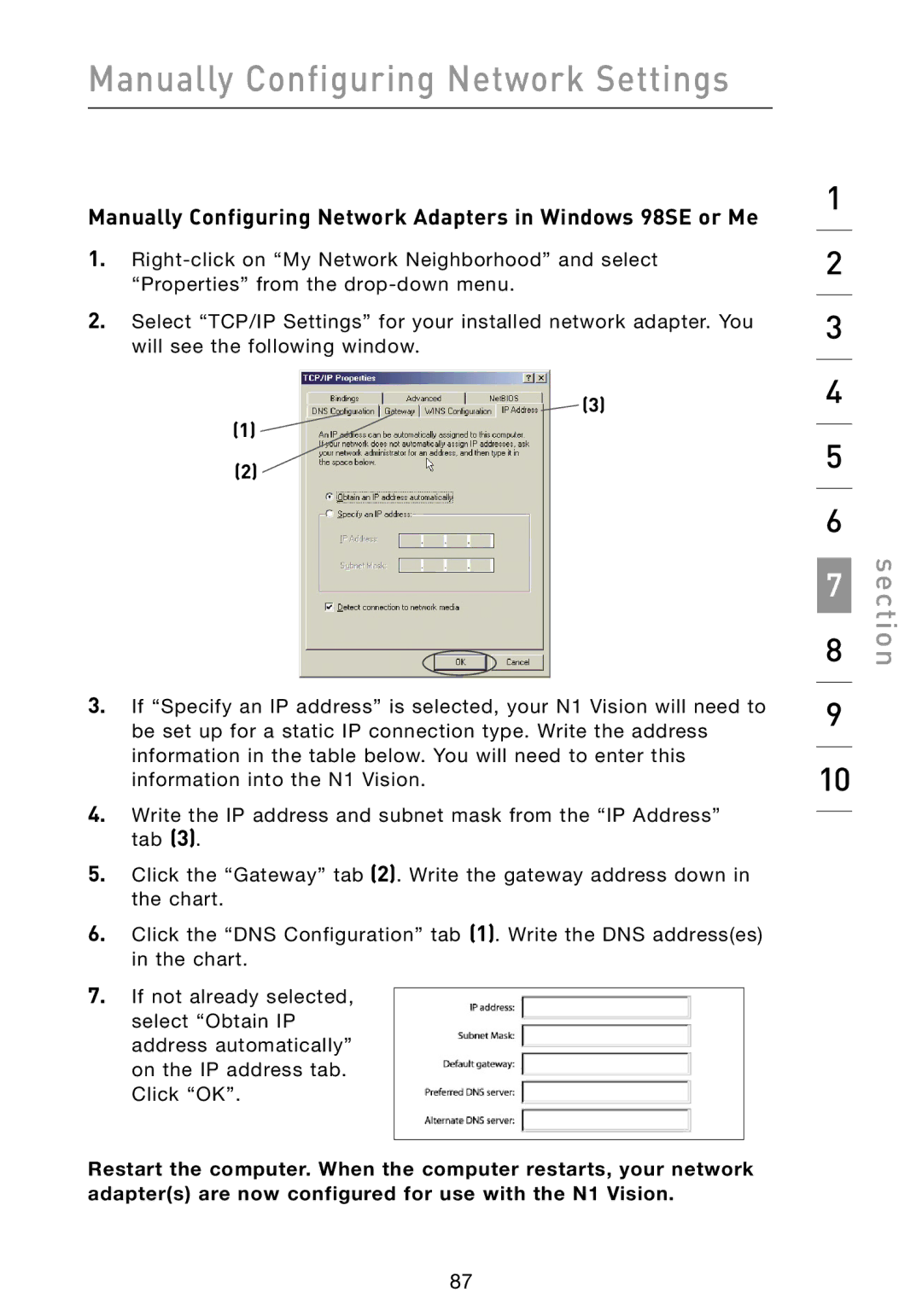 Belkin N1 user manual Manually Configuring Network Adapters in Windows 98SE or Me 